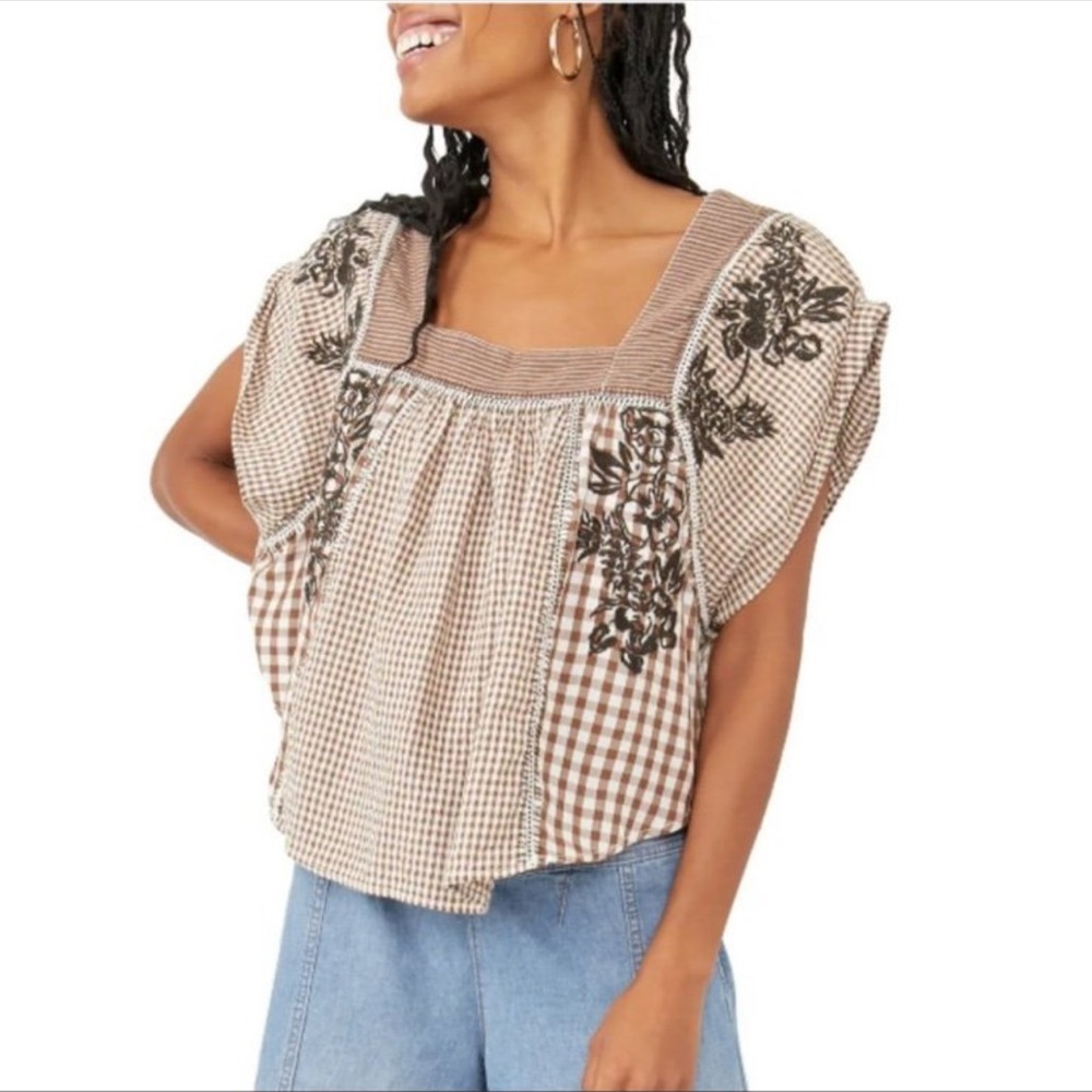 We the Free. Half Moon Brown Gingham Embroidered Women's Top - Picture 3 of 11